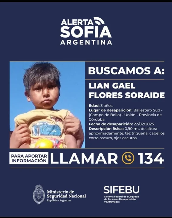 Activaron la «Alerta Sofía» para encontrar a Lian Flores Soraide, el nene de 3 años que desapareció en Córdoba